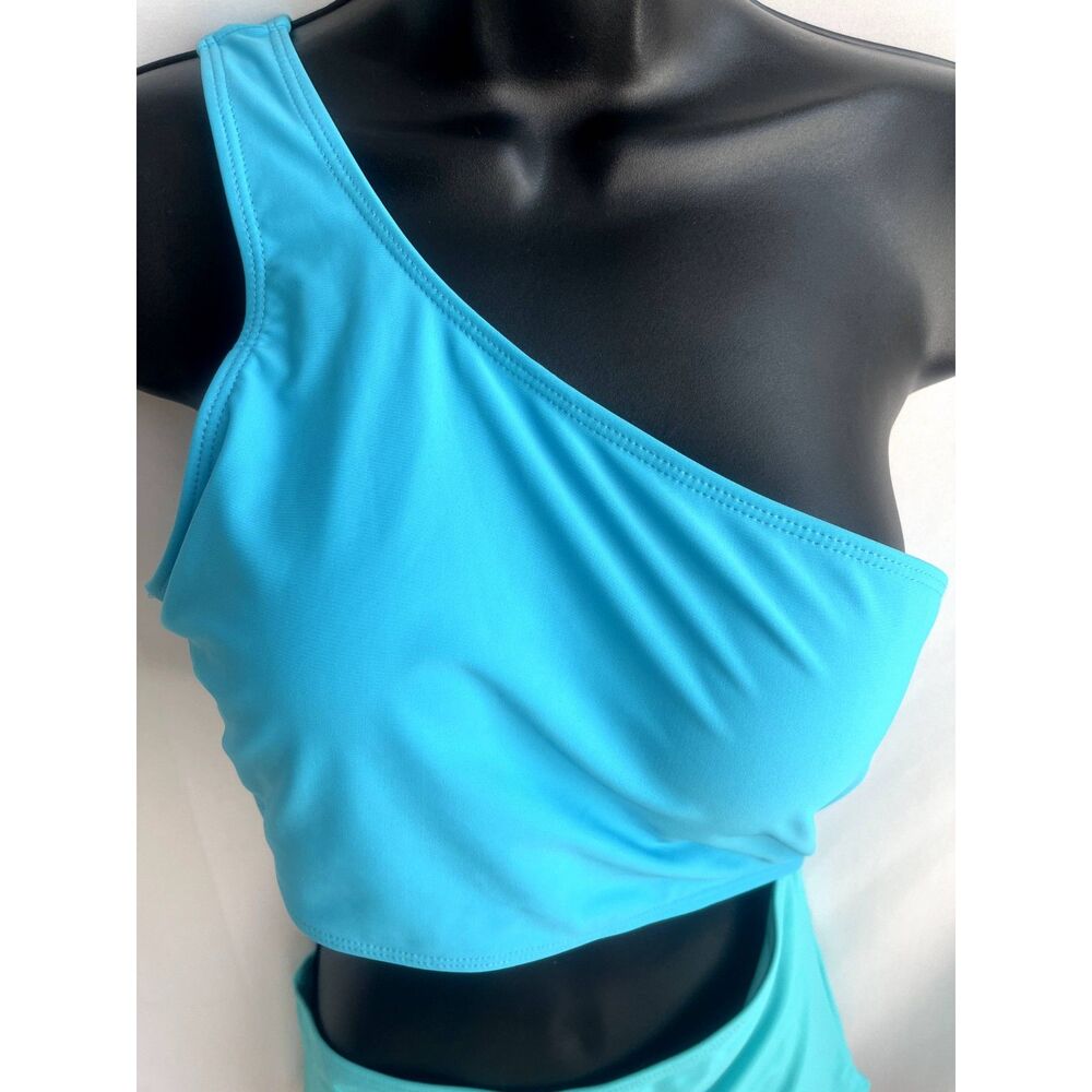 Yonique NWT One Piece Swimsuit One Shoulder Cutout Monokini Blue Turquoise sz L - Picture 3 of 12